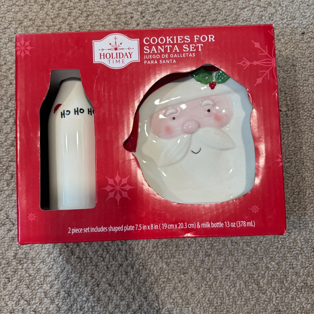 Holiday Time Cookies For Santa Set 2pc‎ Ceramic Plate and 13oz Milk Bottle New